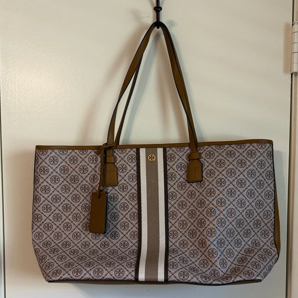 Tory Burch Brown Monogram Canvas Granola Tote Bag - Picture 1 of 16